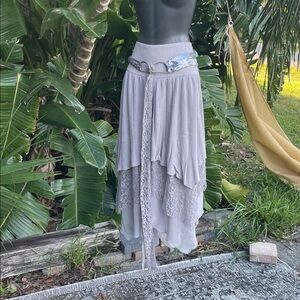 Pyramid collection drop waist , asymmetric, lace, and sequin skirt